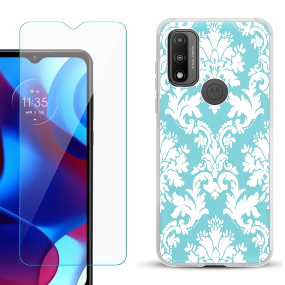 Slim-Fit Gel TPU Phone Case for Motorola Moto G Pure, with Tempered Glass Screen Protector, by OneToughShield ® - Victorian White/Teal