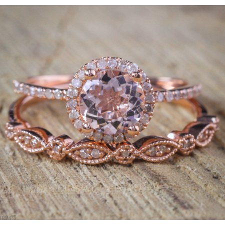 White Gold Ladies Bridal Rings - Antique Vintage Design Milgrain 2 carat Round Morganite and Diamond Halo Bridal Wedding Ring Set in Rose Gold for Women