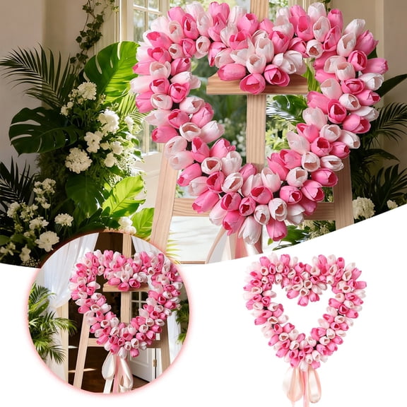 Valentine's Day Wreath 18 Inch Valentines Day Door Wreath with White Pink Red Tulip Berry and Green Leaf Valentines Heart Wreaths for Valentine's Day Wedding Festival Decor