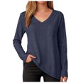 thumbnail image 3 of GEWSEY Womens 2025 Fall Long Sleeve Shirts Basic Apparel Shirts Trendy V Neck Tshirt for Women Curved Hem Tops (Blue, M), 3 of 9