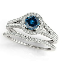 1.40 Ct Halo Split Shank Blue Diamond Engagement Rings - Bridal Set - 14K Gold