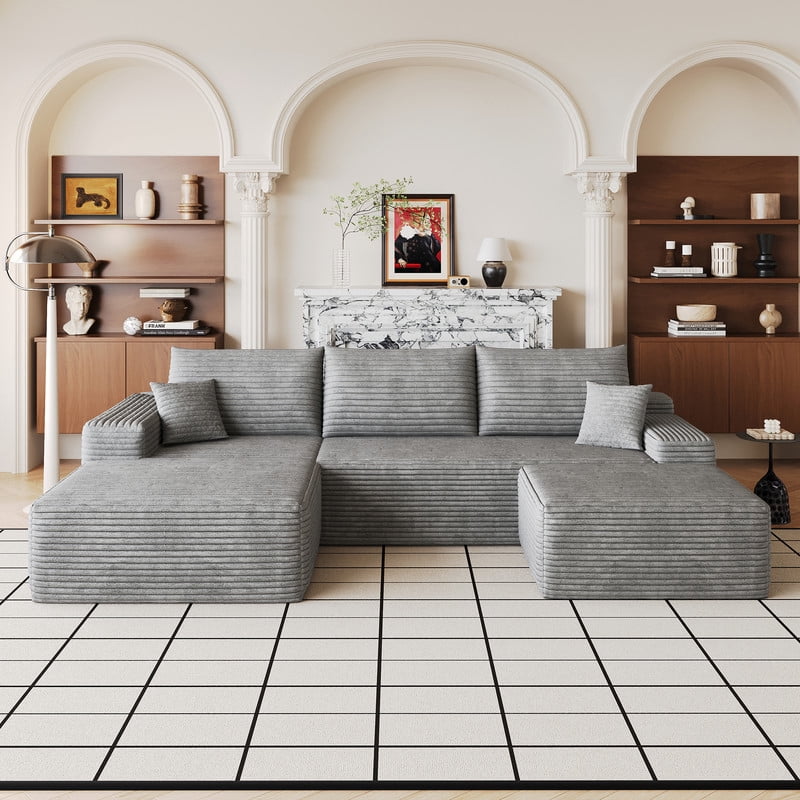 107" Cloud Sectional Sofa with Ottoman, U-Shaped Modular Couch with Deep Seats, Modern Minimalist Upholstered Sofa with Chaise, Plush Corduroy Living Room Sofa, No Assembly Required
