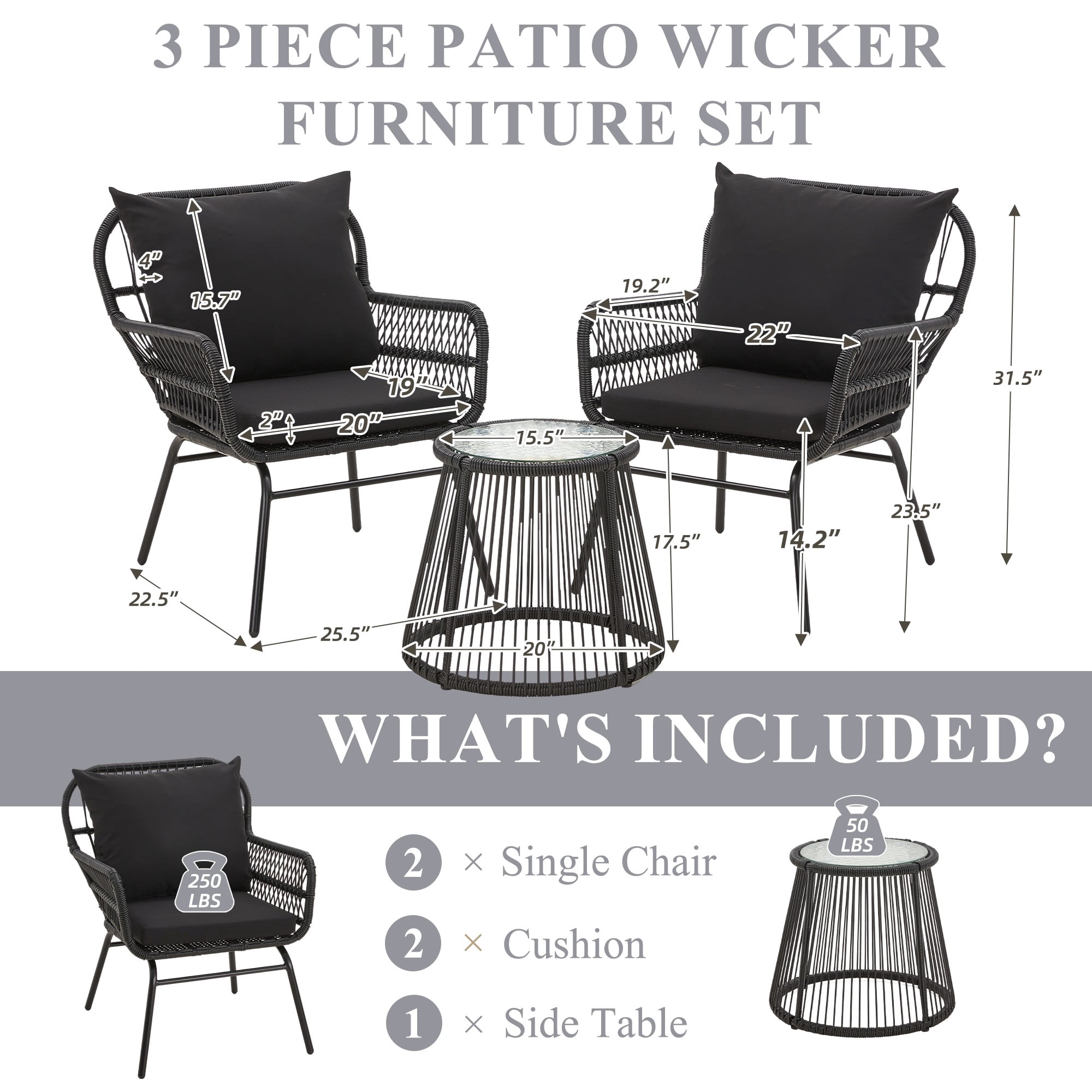 Bezseller 3-Piece Outdoor Wicker Furniture Set, Patio Conversation Set, Black