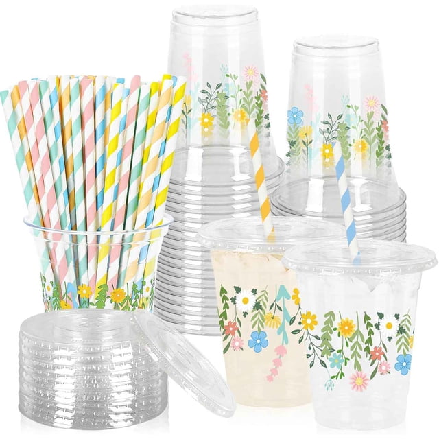 50 tazas con tapa de hojas de flores y popotes transparentes pastel de flores silvestres para suministros de fiesta