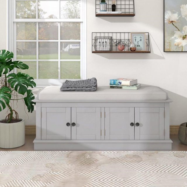 Banc de Rangement avec Cadre en Pin & MDF : Capacité de 200 lbs, Étagère Réglable, Multi-Usage pour Pièces