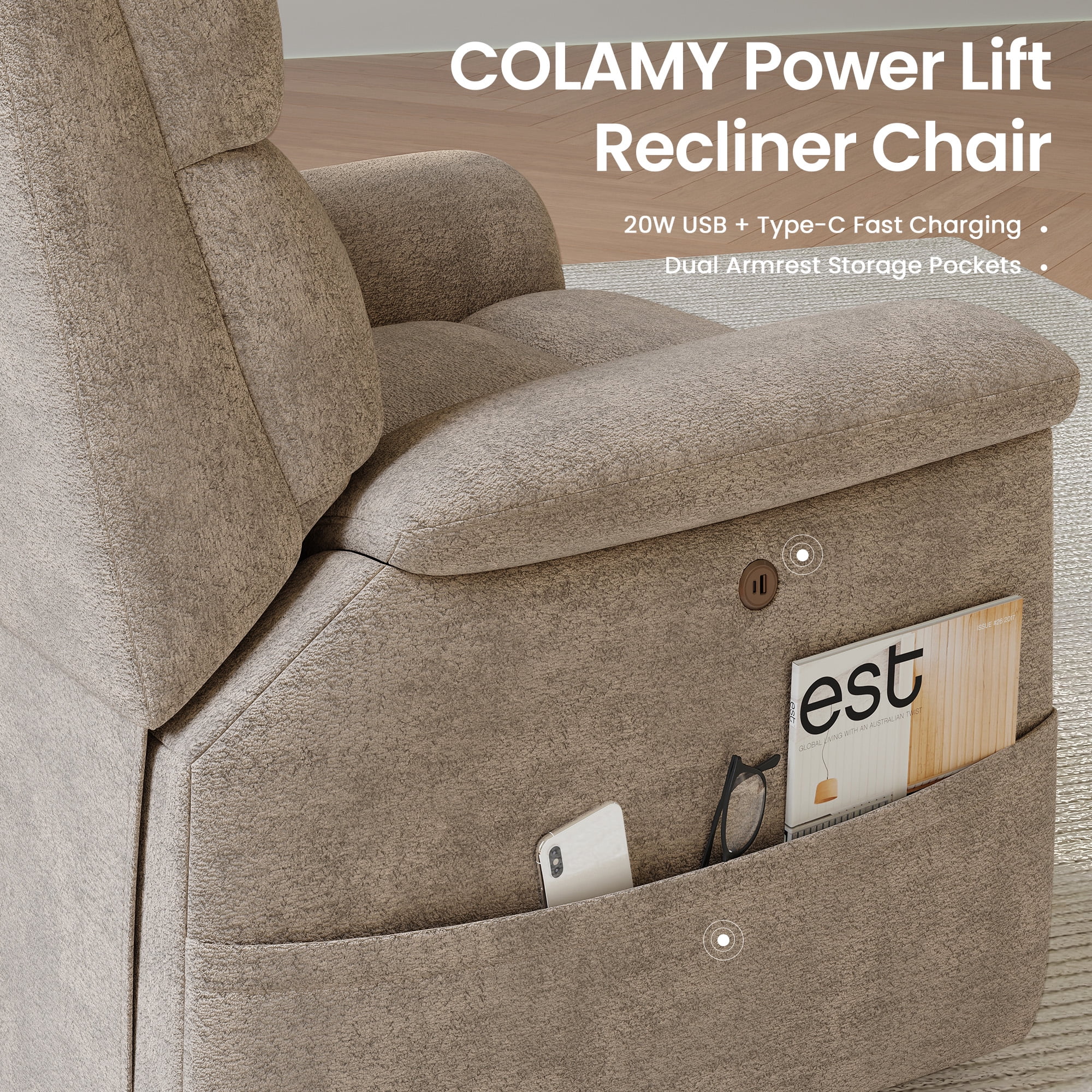COLAMY Eleva Power Lift Recliner Chair with USB & Type-C Charge,Dual Motors Adjustment Recliner with Padded Upholstered Seat and Armrest, Double Storage Pockets, Camel