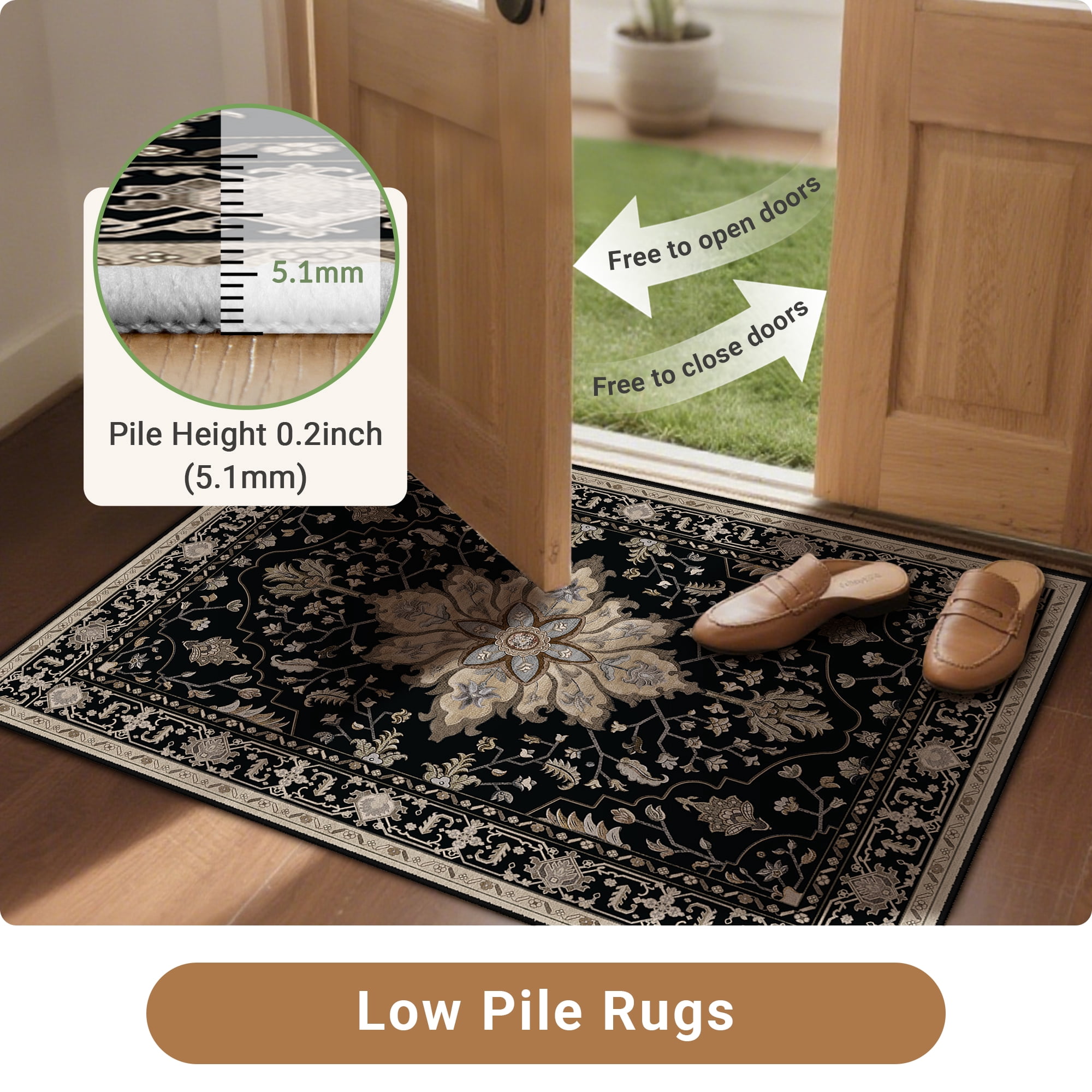 NewBuros 5'x7' Washable Area Rug for Living Room, Non Slip Vintage Distress Print Pattern Floral Rug, Soft Low Pile Indoor Carpet for Bedroom Dining Room, Black