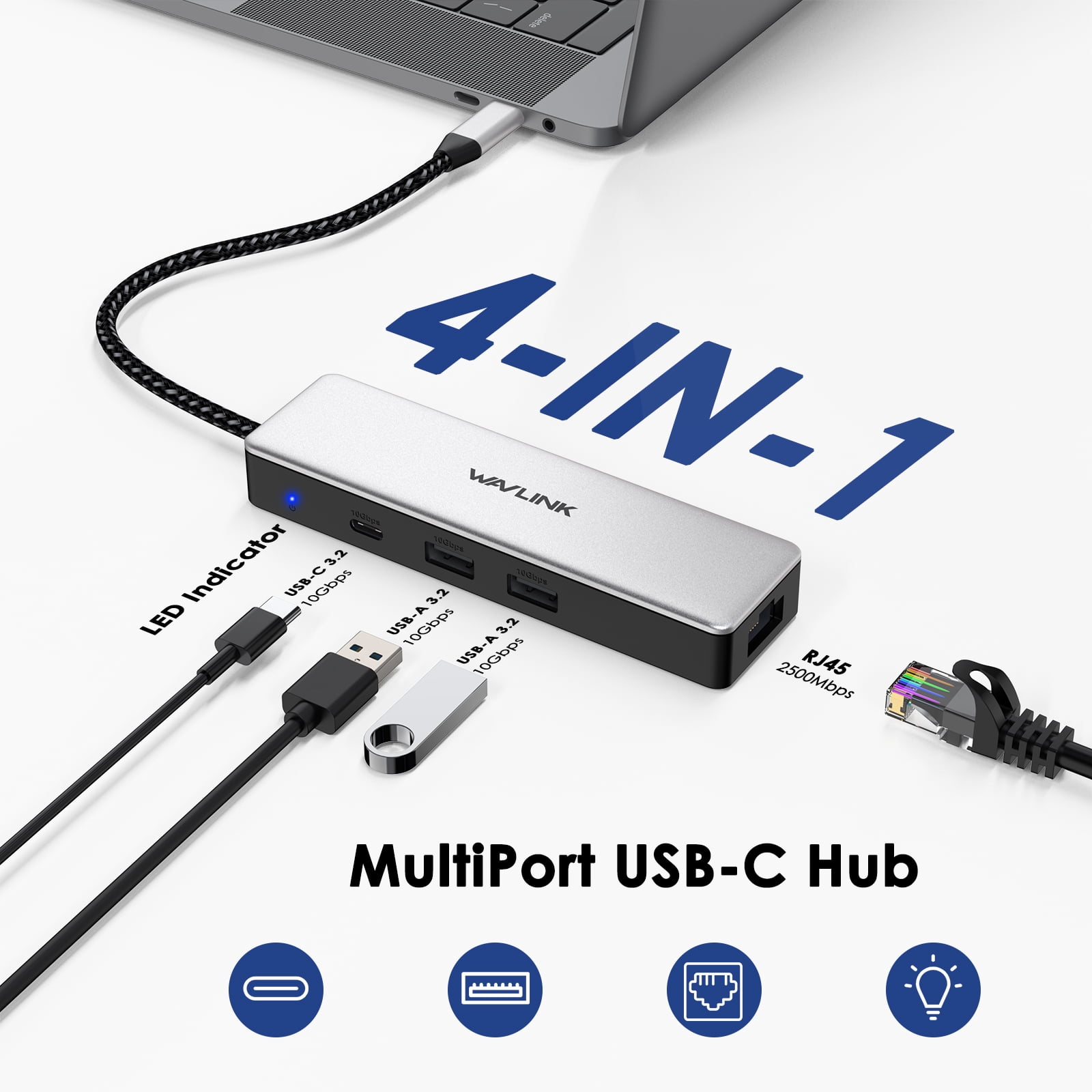 WAVLINK 4-in-1 USB-C Ethernet Hub, USB 3.2 Gen2 Hub with 1*10Gbps USB-C, 2*10Gbps USB-A and a 2.5Gbps Ethernet Port, Plug & Play