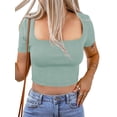 thumbnail image 4 of Coduop Women Square Neck Basic T Shirt Short Sleeve Solid Color Slim Fit Crop Top, 4 of 6
