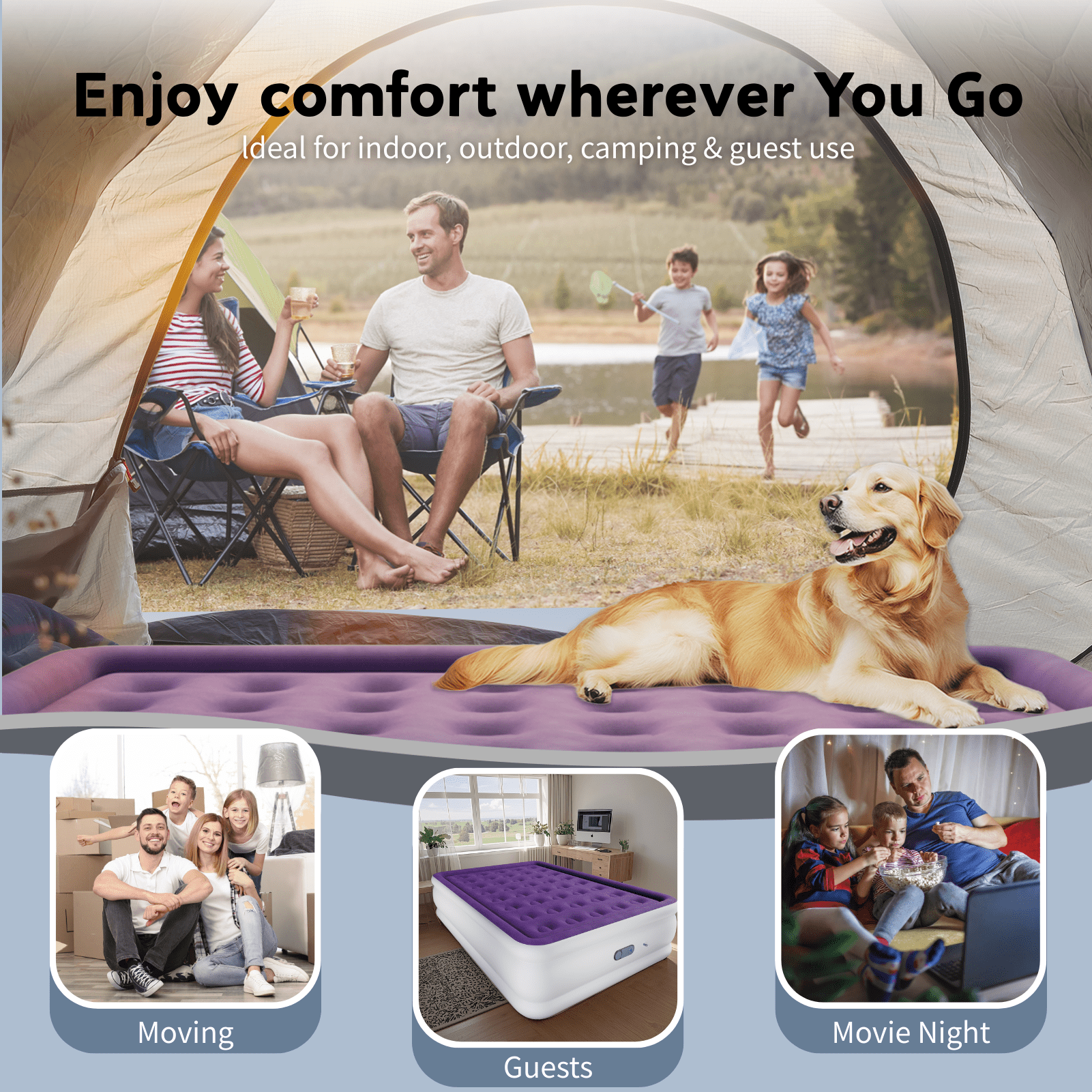 Full 18" Top Flocking Air Mattress with Built-in Pump Raised Comfort,Fast Inflation/Deflation Foldable Portable Air Bed with Storage Bag for Home,Camping,Guests Purple