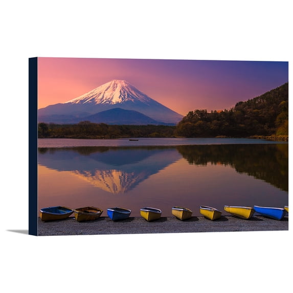 Mount Fuji Reflection, Japan - Canoes by Lake - Lantern Press Photography (18x12 Gallery Wrapped Stretched Canvas)