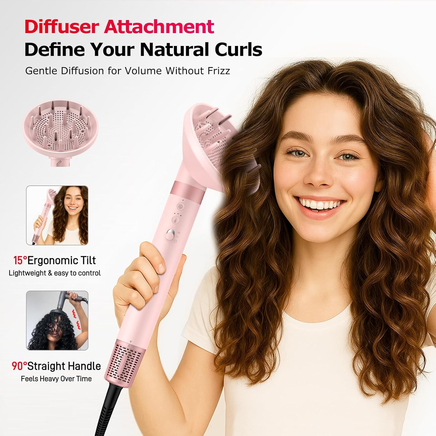 5-in-1 High-Speed Hot Air Styler with Diffuser for Curly Hair - Professional Frizz-Free Hair Dryer Brush for Fast Drying, Curling & Volumizing, Includes Travel Bag