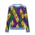 thumbnail image 4 of Craaazy Mardi Gras Shirts for Women Long Sleeve Casual Round Neck Carnival Printed Loose Denim Patchwork Printing Fashion Clothes Gifts, 4 of 5