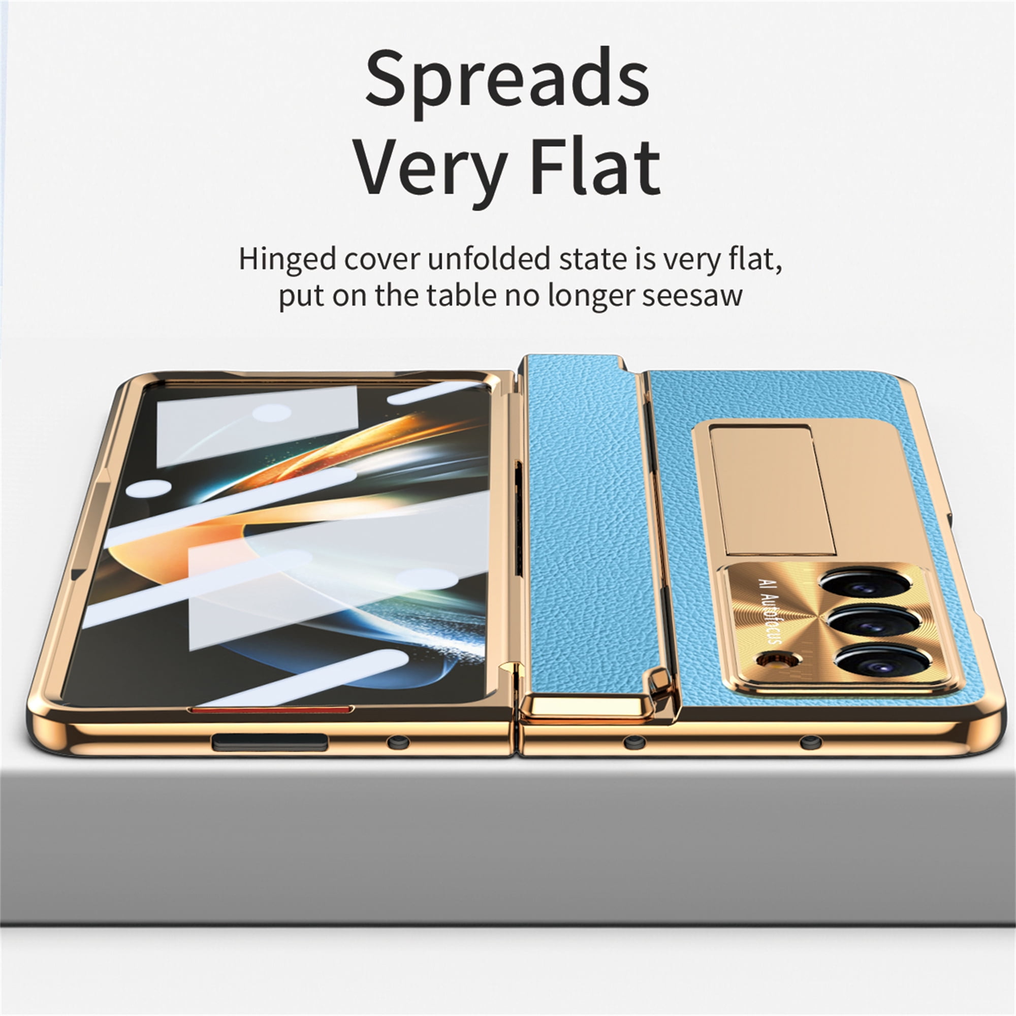 Allytech Galaxy Z Fold4 Case with Screen Protector, Kickstand Rugged Protective Shockproof Anti-Scratch Hinge Protection Phone Case for Samsung Galaxy Z Fold 4 - Blue+Gold
