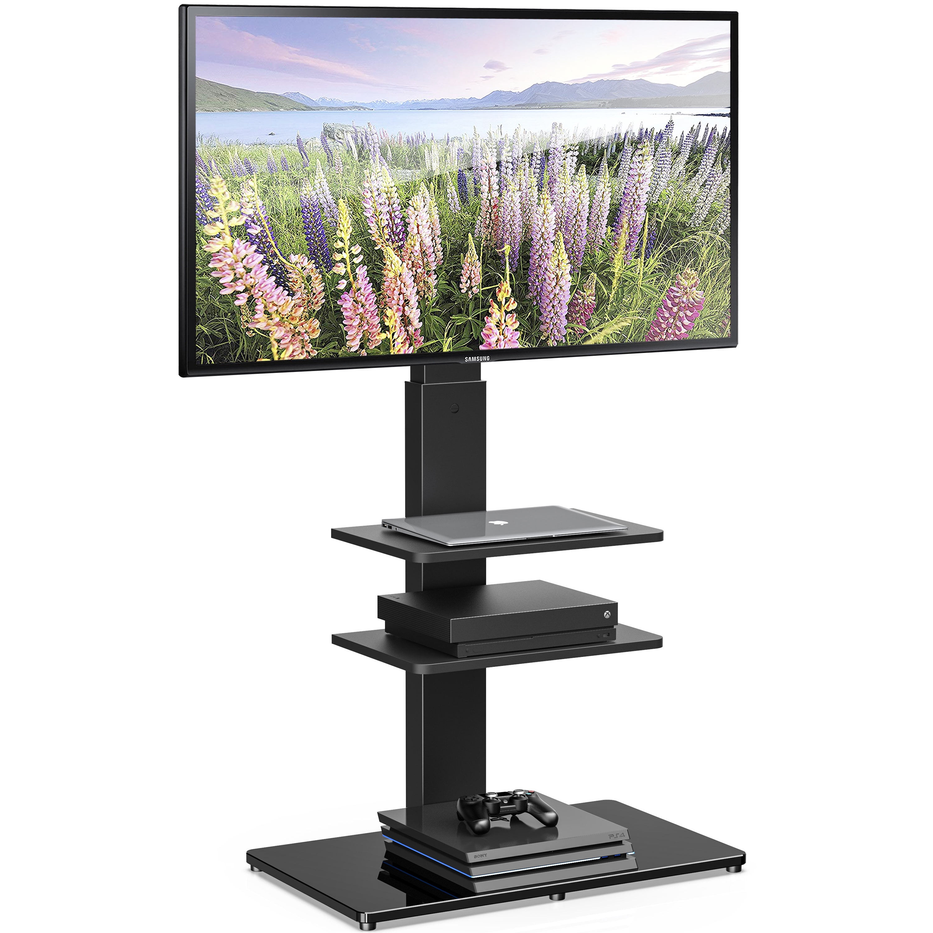 FITUEYES TV Stand with Swivel Mount Glass Base for up to 65 inch with two shelves Samsung Vizio TCL LED LCD flat screen TVs,TT307001MB-1