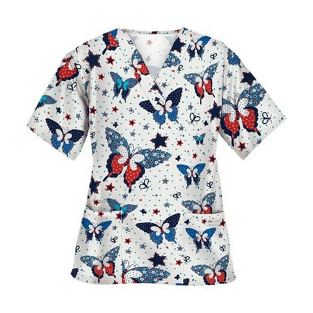 

FAFWYP Plus Size Scrubs for Women Womens Professionals Scrubs Tops Summer Vintage Printed Nursing Shirt Short Sleeve V Neck Tunic Workwear Blouse Mock Wrap Medical Working Uniform with Pockets