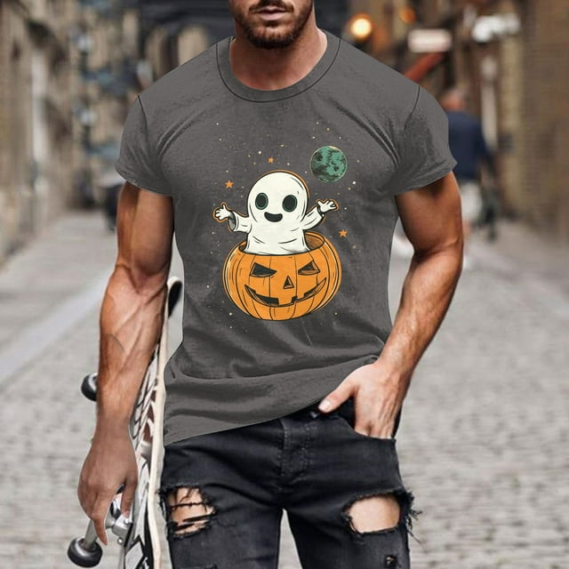 Pisexur Chemises pour Hommes Chandail pour Hommes Blouse/t-Shirt d'Halloween Imprimé à Col Rond à Manches Courtes Gris Foncé, TG
