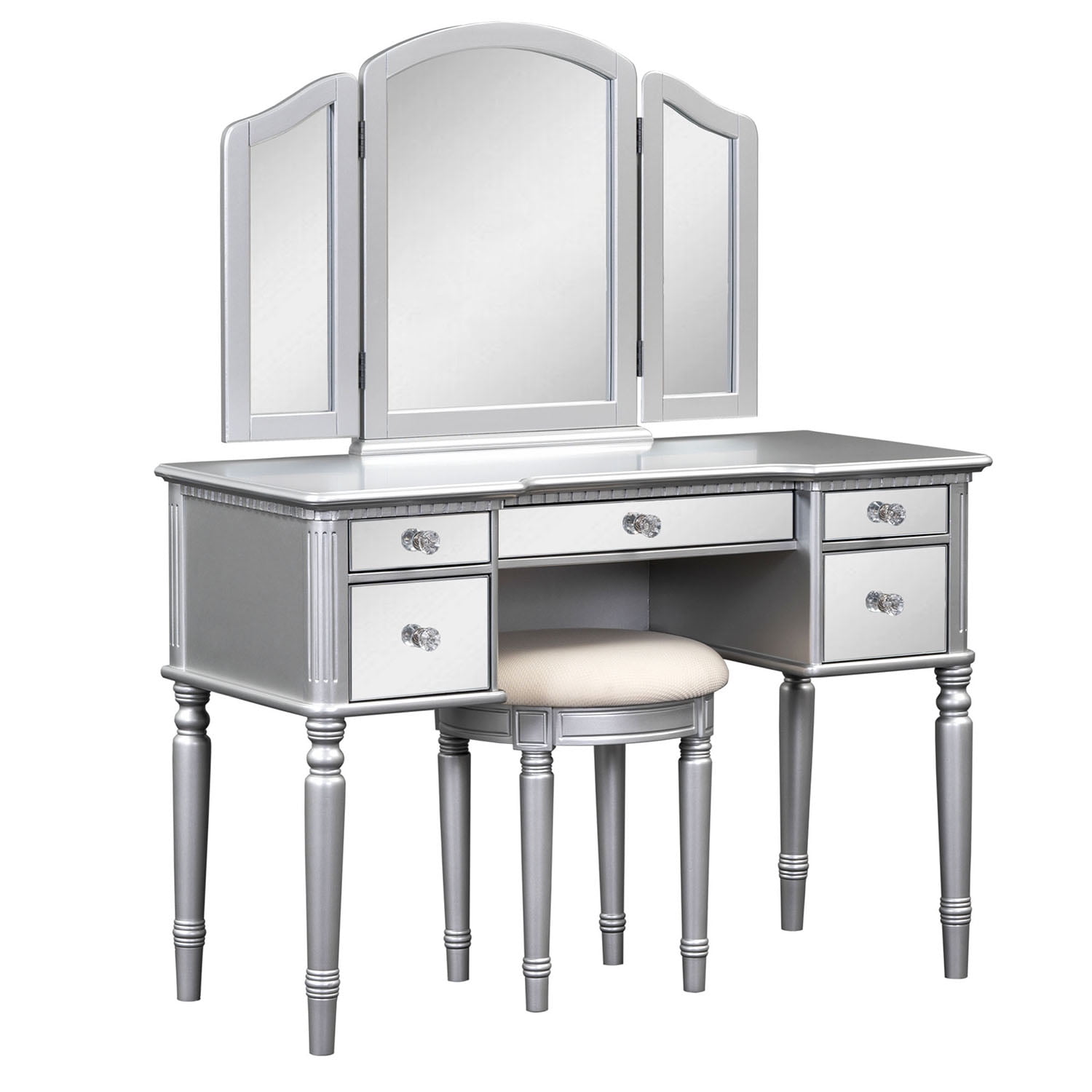 Resenkos 43" Dressing Table Set with Mirrored Drawers and Stool, Tri-fold Mirror, Makeup Vanity Set for Bedroom, Silver Resenkos 43" Dressing Table Set with Mirrored Drawers and Stool, Tri-fold Mirror, Makeup Vanity Set for Bedroom, Silver
