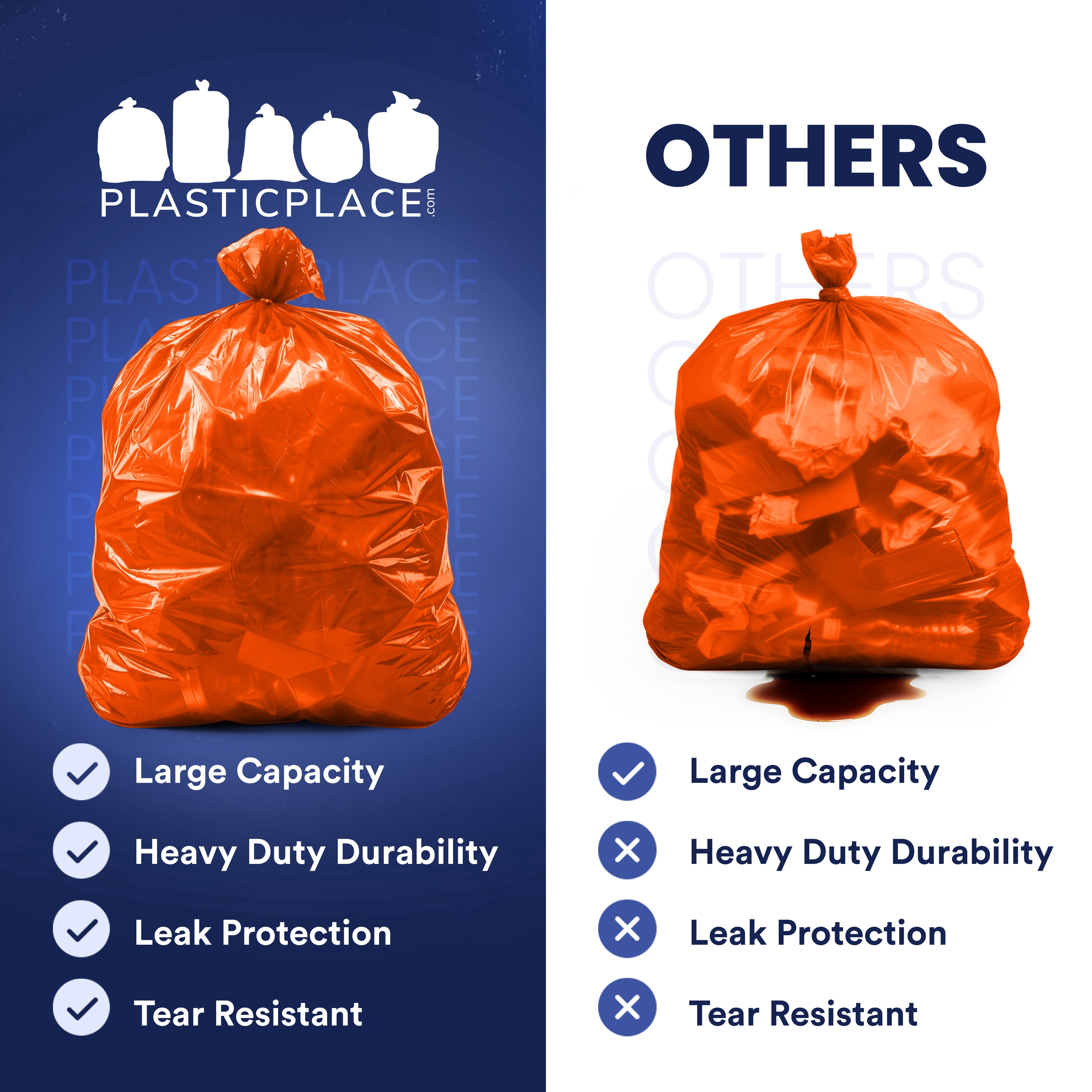 Plasticplace 55-60 Gallon Trash Bags │ 1.2 Mil │ Orange Heavy Duty Garbage Can Liners │ 38” x 58” (50 Count)