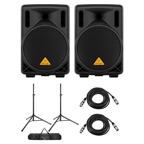 Behringer Eurolive B208D 8" 200W 2-Way Active PA Powered Speaker, Pair, Bundle with Speaker Stands and XLR Cables
