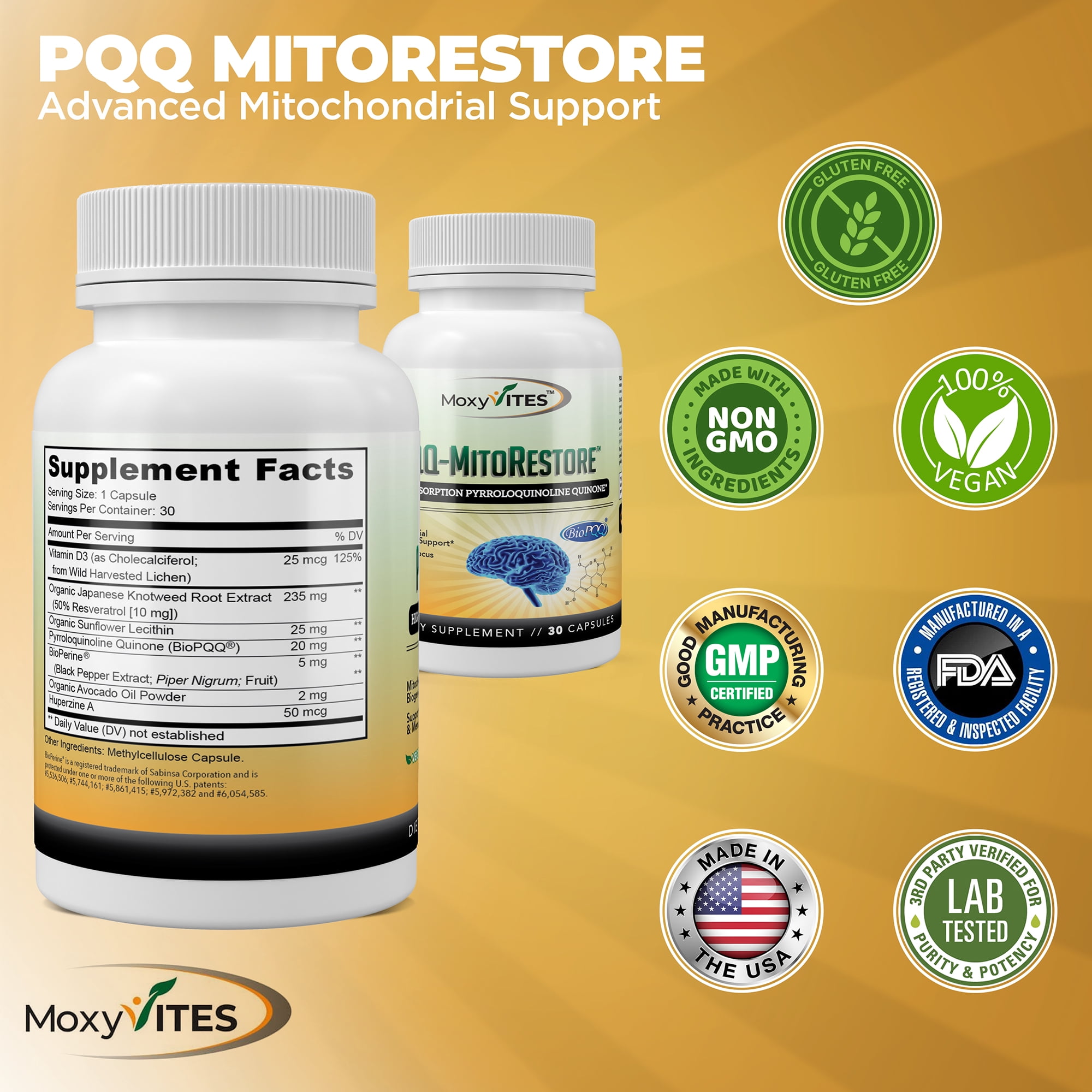MoxyVites PQQ 20mg with Vitamin D3, 30 Vegan Capsules