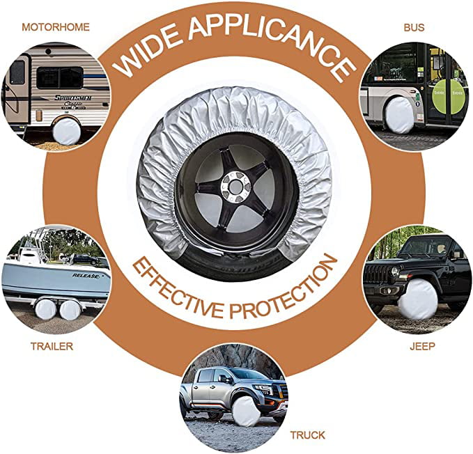 Sun Rain Snow Protector Travel Trailer Camper Truck SUV Motorhome Waterproof Wheel Cover 4pcs Rv Tire Covers Fit 27-29 Inch Tire Diameter/Silver 