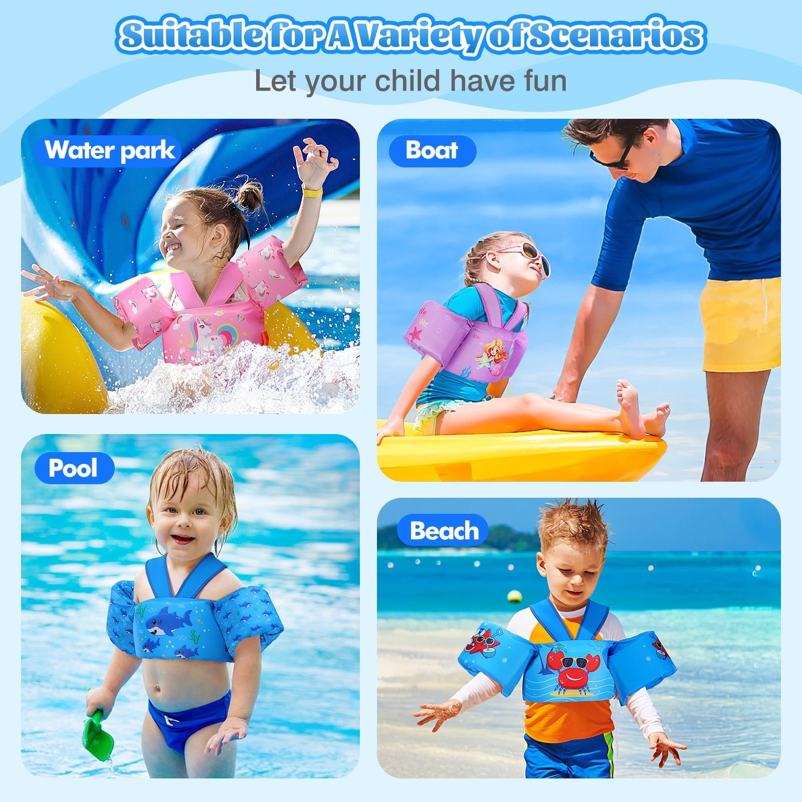 MoKo Toddler Swim Vest for Kids 20-30-50lbs Girls Boys, Arm Floaties Swimming Learning Training Equipment, Dark Blue Shark