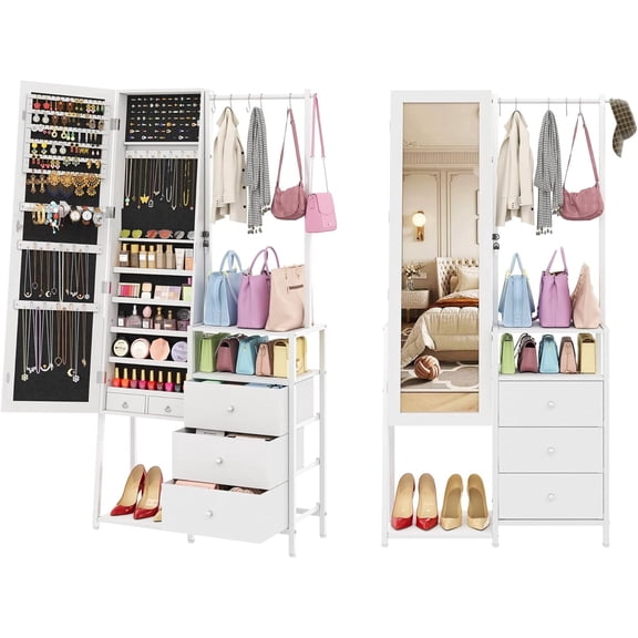 Jewelry Cabinet with 3 Drawers, Jewelry Armoire Organizer with Shelves for Handbags Shoes, Standing Jewelry Cabinet with Clothes Rack for Coat, Full Length with Storage for Women (White)