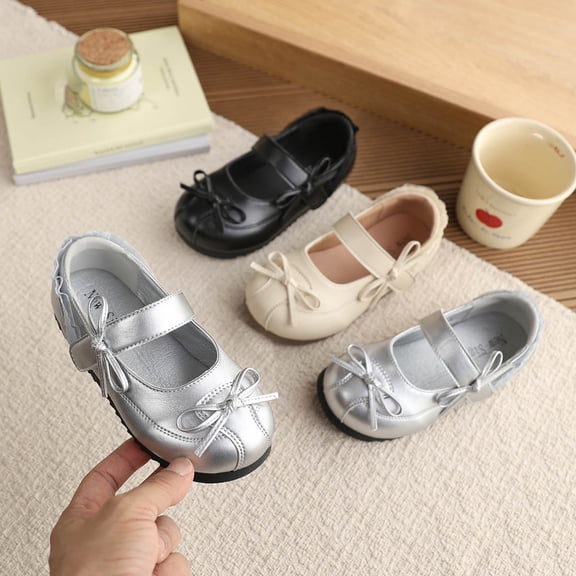 Viluyesy Girls Spring Summer Dress Shoes - Glossy Bowknot Flats Soft Sole Princess Wedding Party School Beige Size 13.5