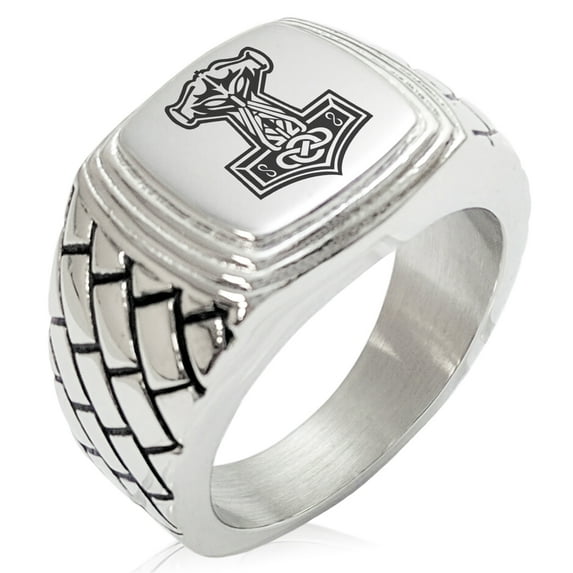 Stainless Steel Mjolnir Thor's Hammer Viking Norse Geometric Pattern Step-Down Biker Style Polished Ring