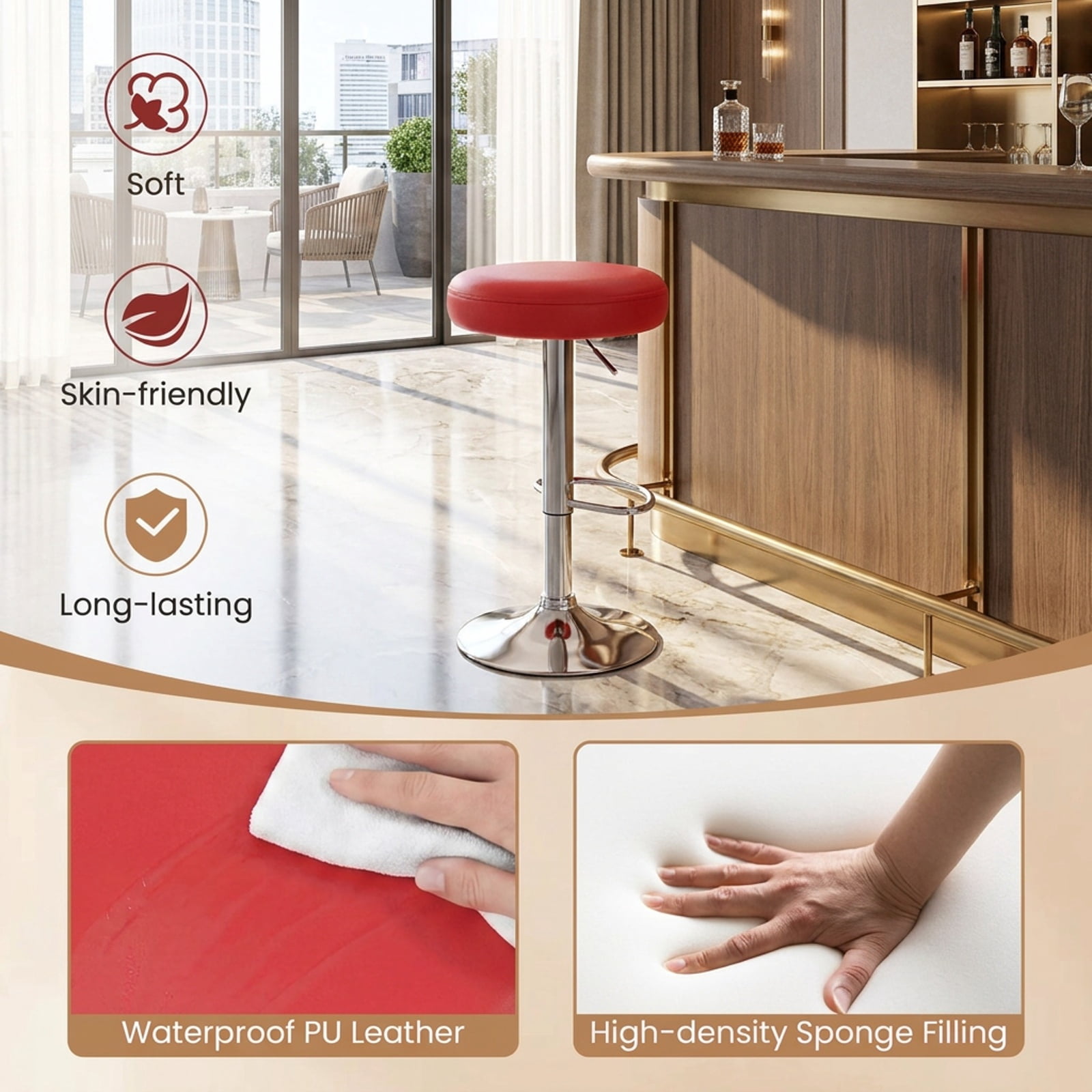 Furnibear Set of 2 Height-adjustable Swivel Bar Stool with 360° Swivel bar stool for Kitchen Island Counter Bar Pub Dining Home, Red
