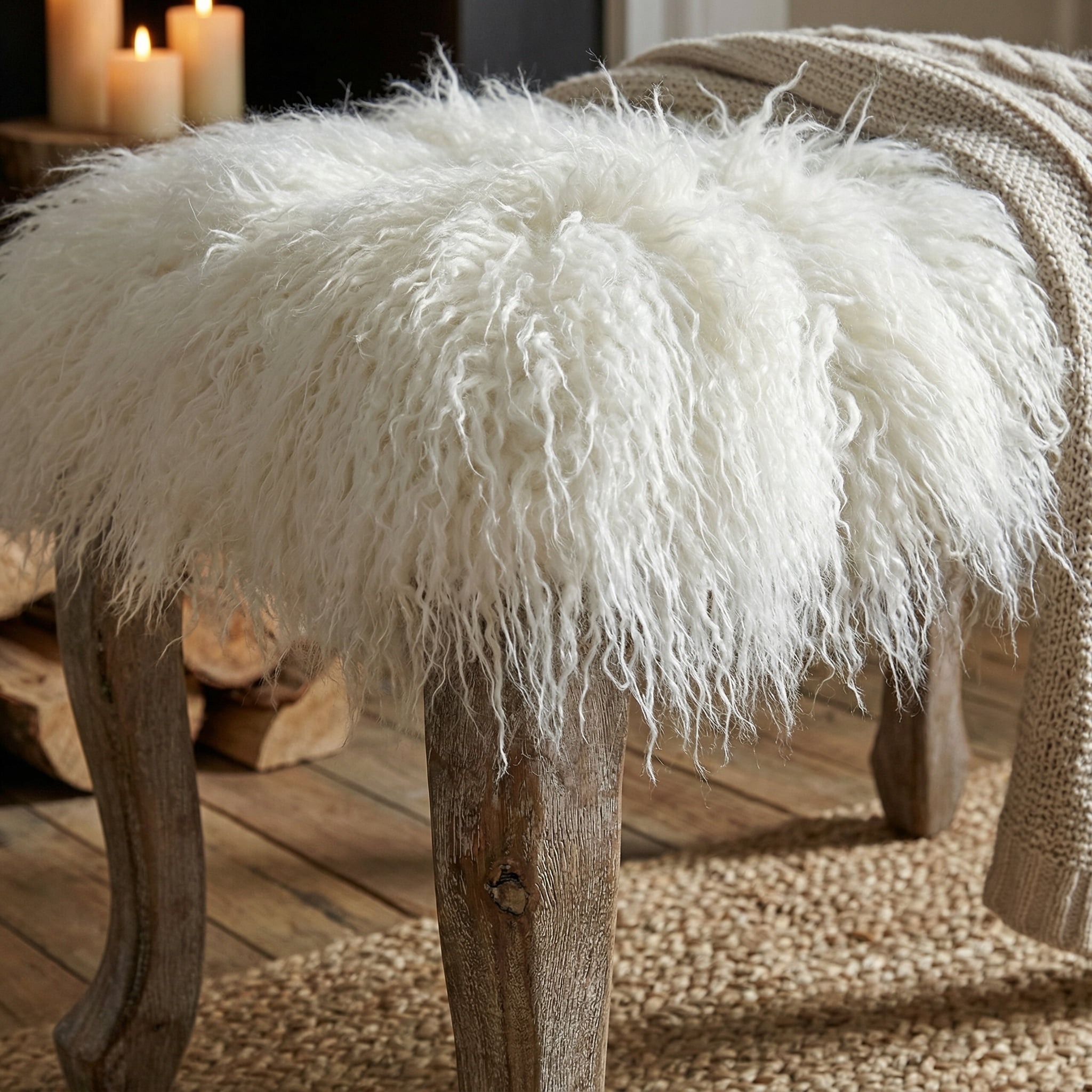 Cortesi Home Harlow Bench Ottoman, White Faux Fur with Driftwood Legs