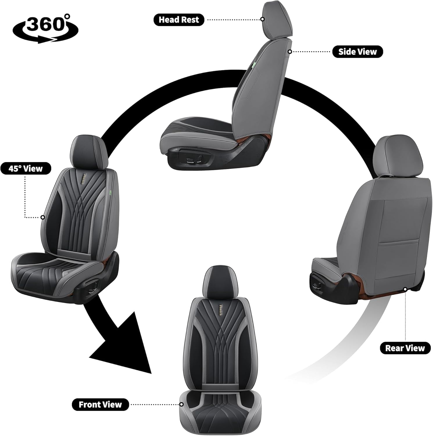 FLORICH Car Seat Covers Full Set, Luxury Design Front and Rear Seat Protectors, Universal Auto Interior Accessories Fit for Most Cars, Black & Gray