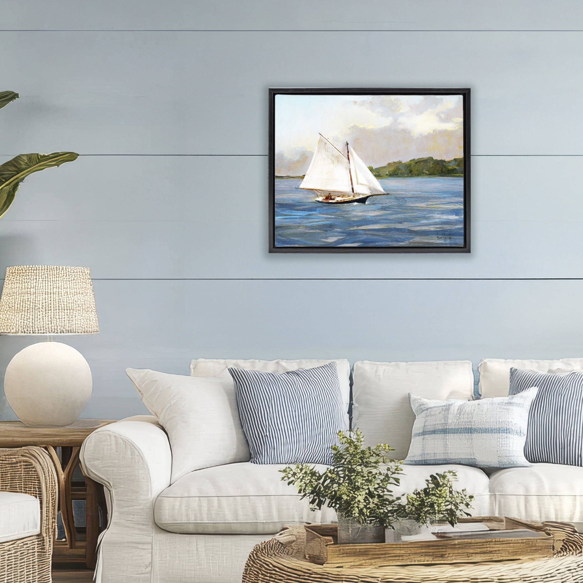 Stupell Industries White Sailboat on Calm Blue Sea Black Framed Floater Canvas Wall Art, design by Katie Swatland