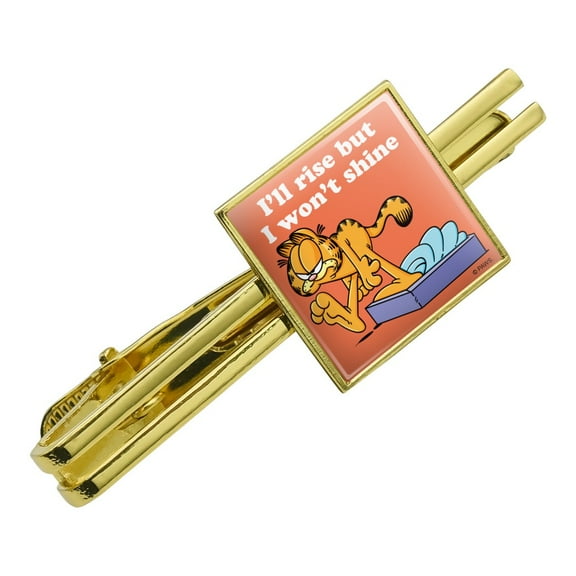 Garfield I'll Rise but I won't Shine Square Tie Bar Clip Clasp Tack- Silver or Gold