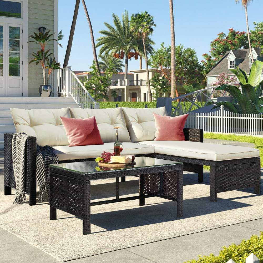Patio Wicker Sofa Set, 3 Pieces Outdoor Patio Furniture Sectional Sofa