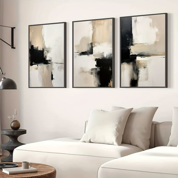 Set of 3 Contemporary Abstract Art Canvas Prints, Black and Beige Minimalist Wall Posters for Modern Home Decor - Living Room, Bedroom, Office - No Frame