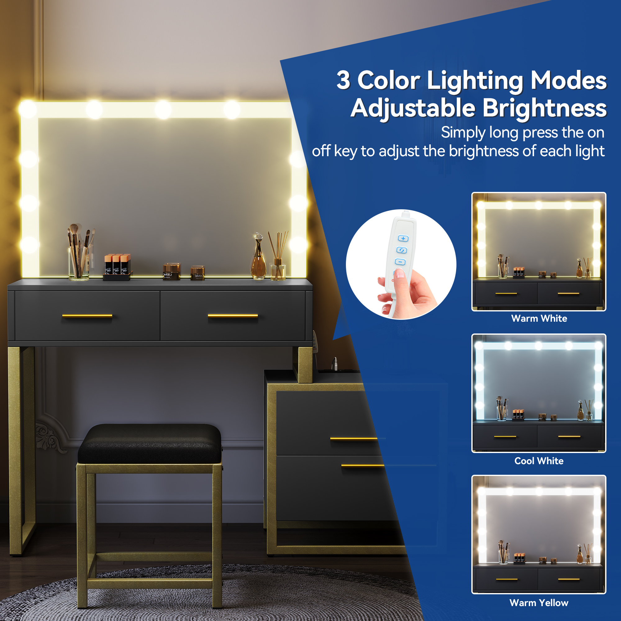 Uforic Black-Gold Makeup Vanity with Mirror and LED Lights