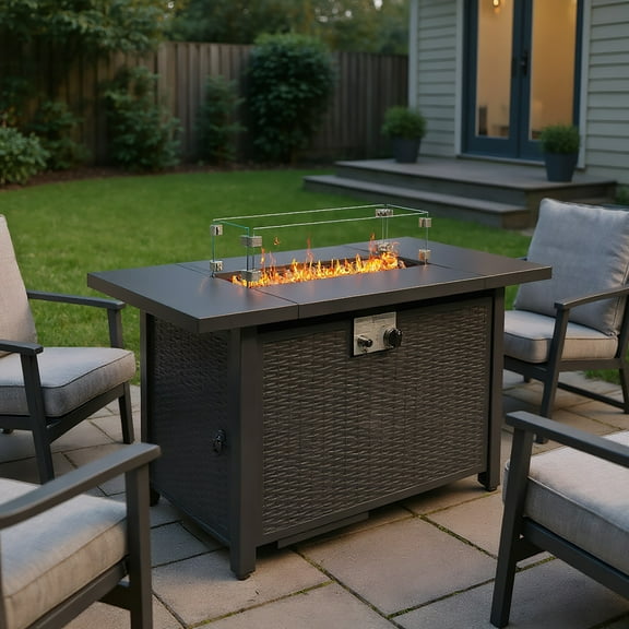 Resenkos 43-Inch Fire Table，50000 BTU Gas Firepit with Volcanic Stone， Backyard Gatherings, Black