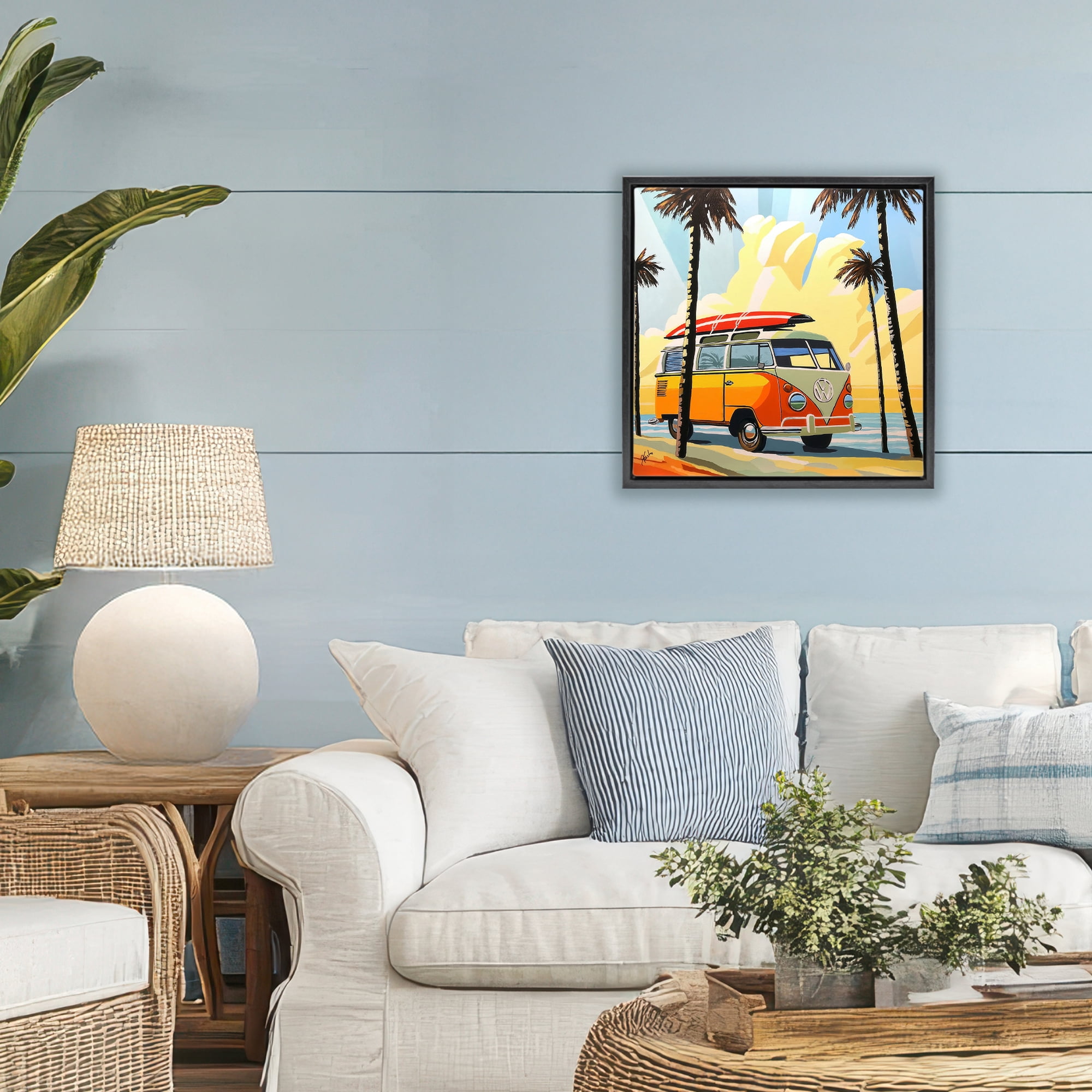 Stupell Industries Road Trip Beach Van Black Framed Floater Canvas Wall Art, design by John Jaster