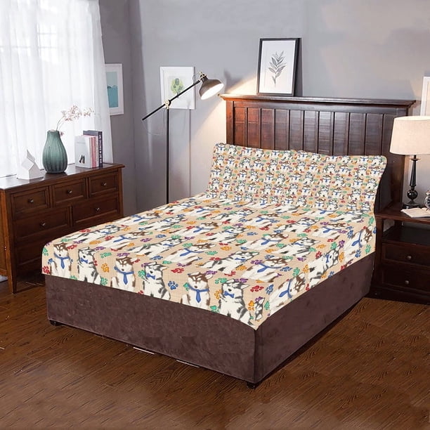 Juego de cama de 3 piezas Rainbow Paw Print Perros Husky Siberiano Azul