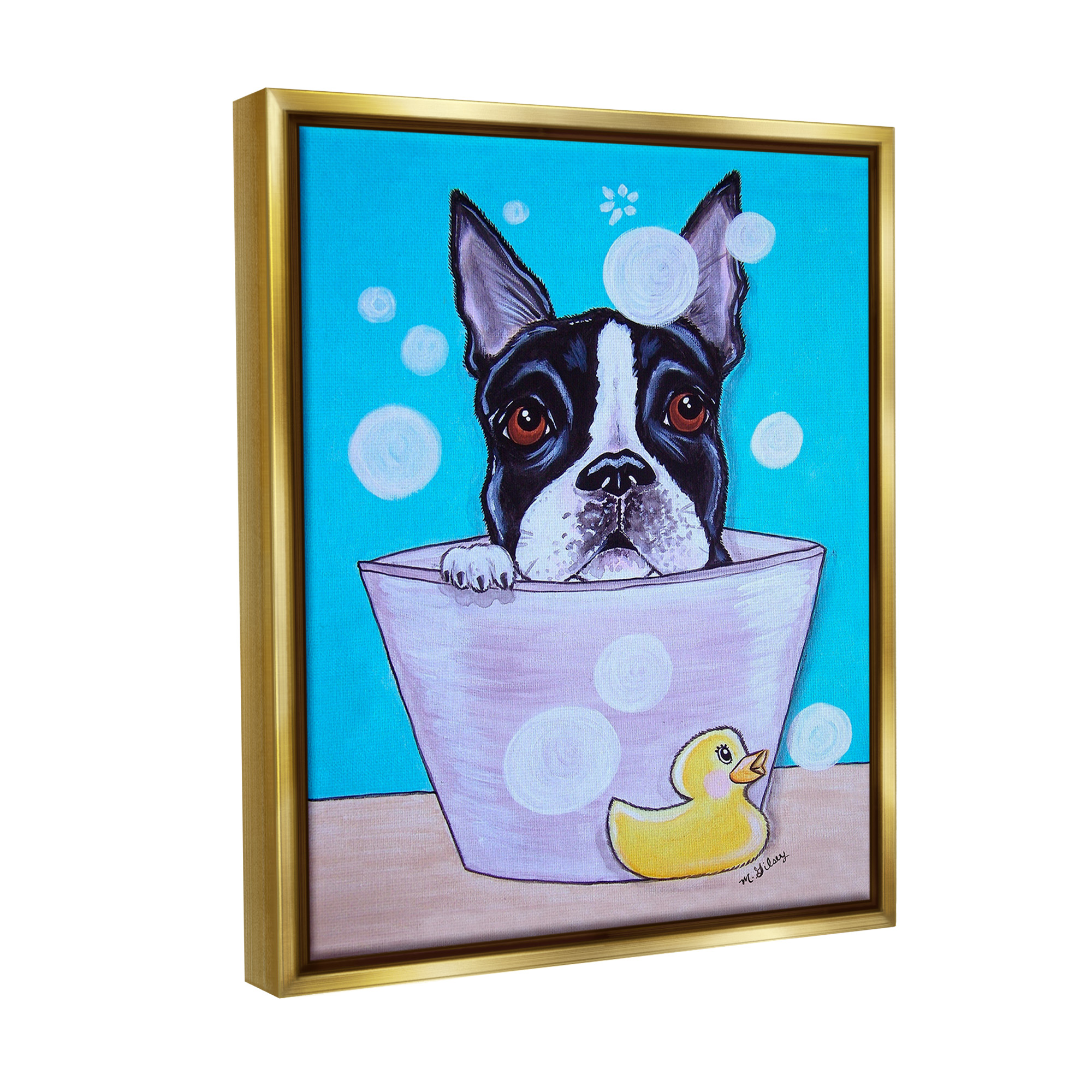 Stupell Industries Dog & Soap Bubbles Animals & Insects Painting Gold Floater Framed Canvas Art Print Wall Art, 25 x 31
