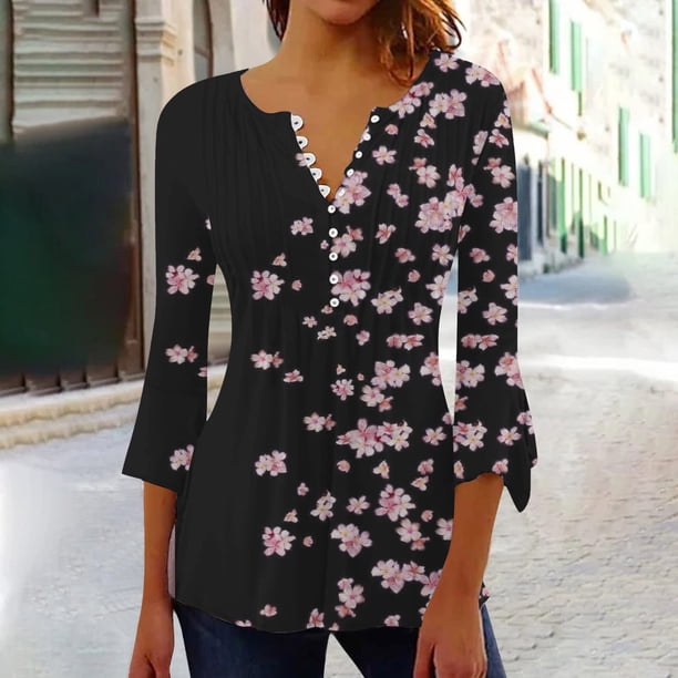 ICHUANYI Clearance Women's Casual Trumpet 3/4 Sleeve Buttoned Basic Ruched Corset Tunic Tops Pleated T-shirts Blouses(Pink, S) ICHUANYI WER2023081004469