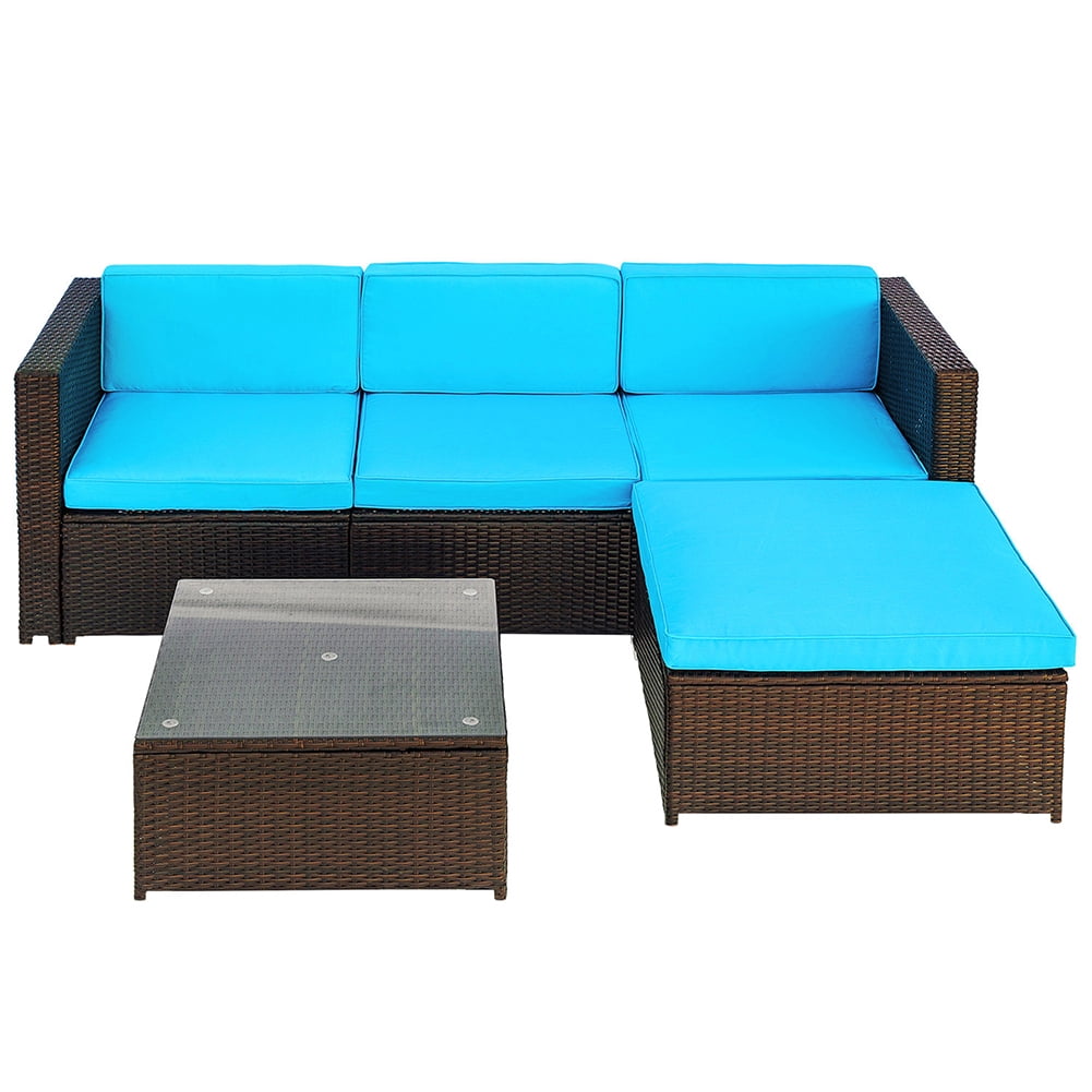 Private Jungle Outdoor Wicker Sofa Cushioned Sectional Furniture Set Garden Patio Sofa Set (Blue-5 Pieces) Private Jungle Outdoor Wicker Sofa Cushioned Sectional Furniture Set Garden Patio Sofa Set (Blue-5 Pieces)