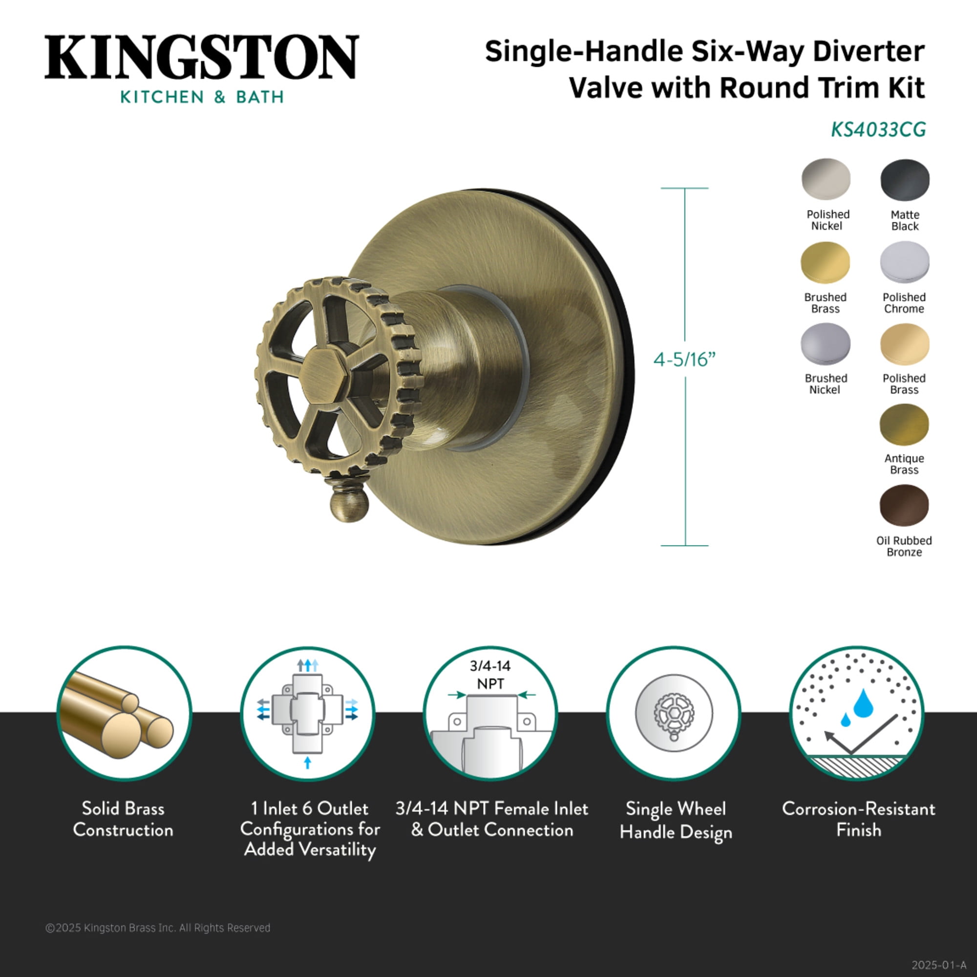 Kingston Brass KS4030CG Fuller Single-Handle Six-Way Diverter Valve with Round Trim Kit, Matte Black