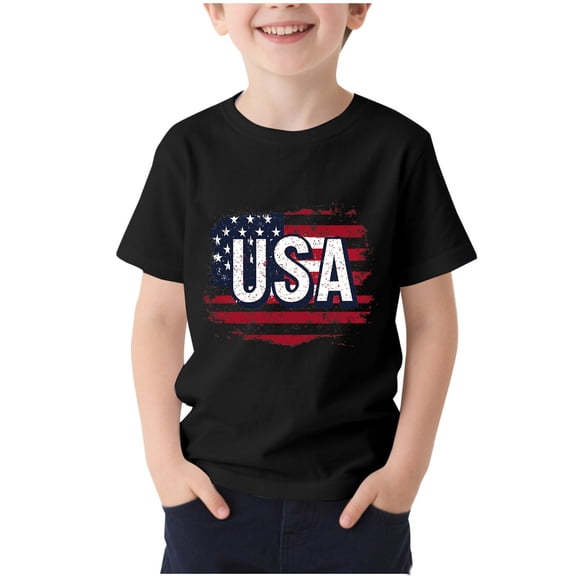 AHTJRT 4th of July Shirts for Boys Children USA Ameriacn Flag Printed Independence Day Tee Shirts Crew Neck Short Sleeve Tops Black 14-15 Years
