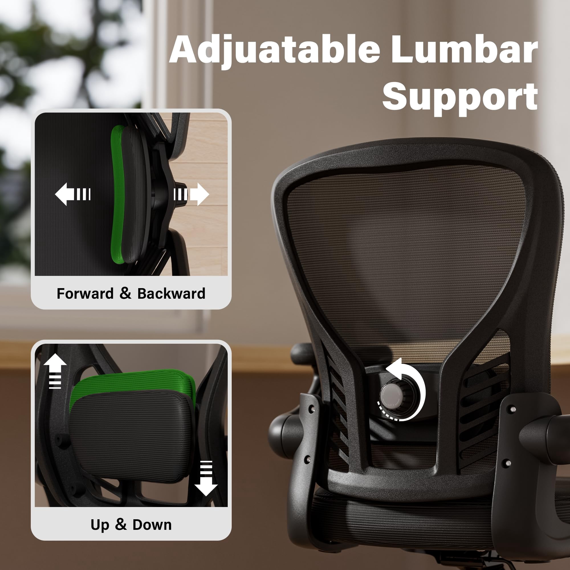 Ninecer Ergonomic Mesh Office Chair, Mesh Back Office Chair with Flip-up Arms, Swivel Computer Desk Chair with Lumbar Support for Adult, Black