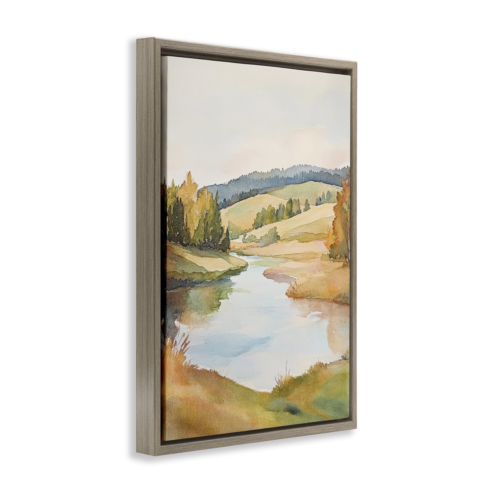Stupell Industries Serene Watercolor Lake Escape Brown Framed Floater Canvas Wall Art, design by Petal Prints Design