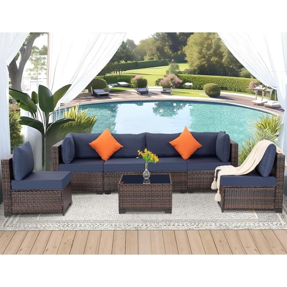 Ainfox 7-Piece Wicker Patio Furniture Set, Rattan Sectional with Cushion & Tempered Glass Coffee Table for Porch Backyard, Blue
