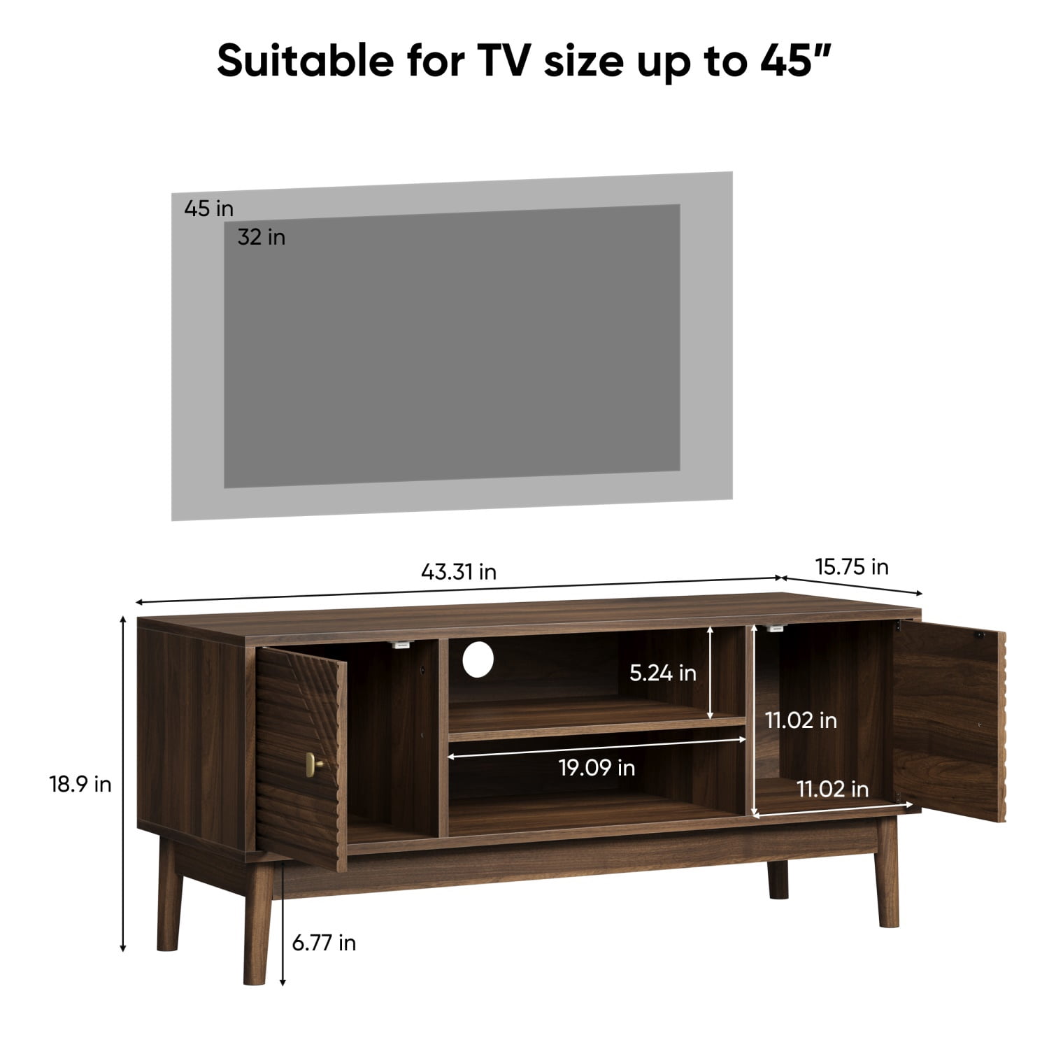 Hommoo Modern 43"W TV Stand with Storage Shelves, Media Console Table Entertainment Center for Living Room and Bedroom, Walnut